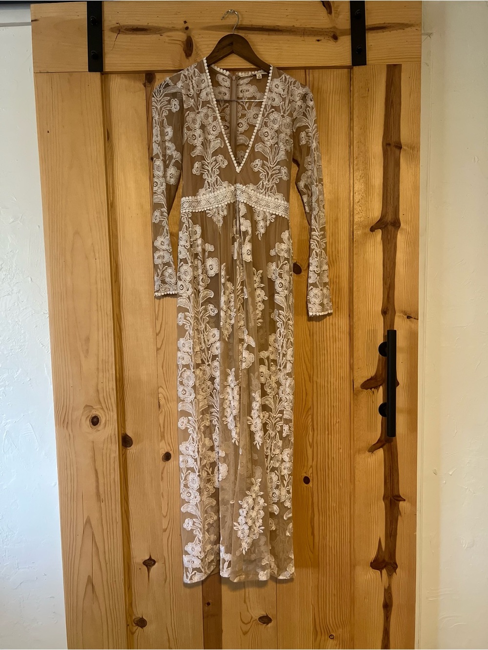 For Love & Lemons Nude and White Long-Sleeve Lace Maxi Dress